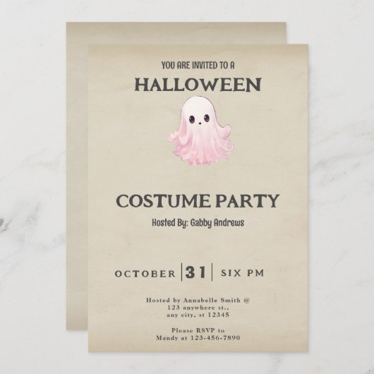 かわいいピンクの幽霊ヴィンテージハロウィーンの衣装 招待状 (正面/裏面)