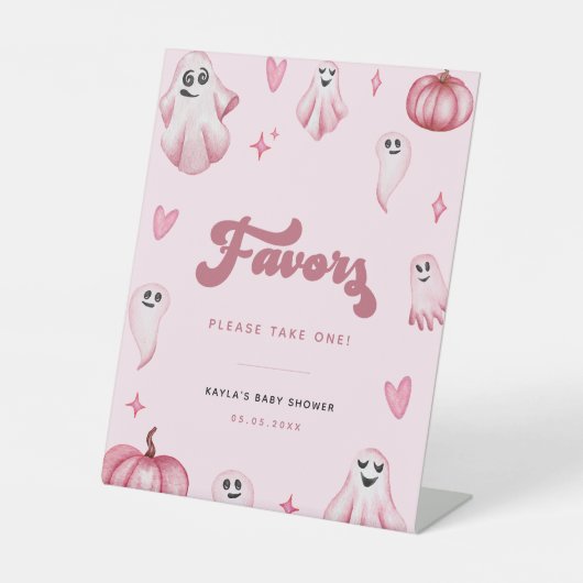 かわいいピンクの幽霊小さなブーブベビーシャワー好意サイン 台座サイン (正面)