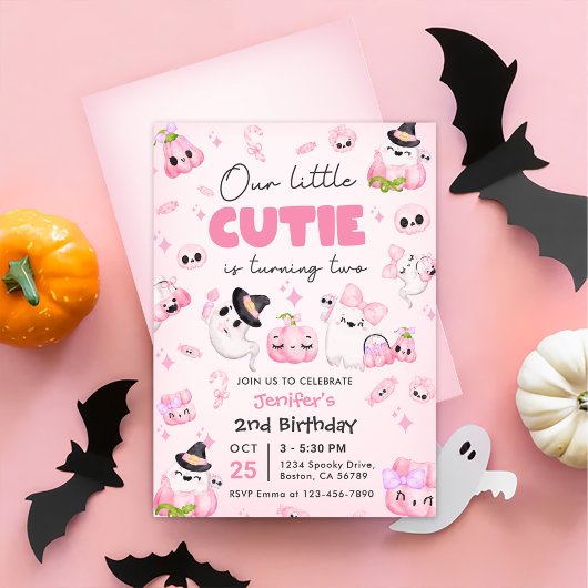 かわいいピンクの幽霊 ハロウィン 2歳の誕生日 招待状