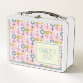 かわいいピンクの庭の花パーソナライズされたの名前 メタルランチボックス (正面)