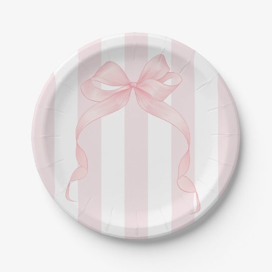 かわいいピンクの弓とオーニングストライプのガーリー ペーパープレート (正面)