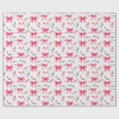 かわいいピンクの弓と冬の緑の水色 ラッピングペーパー (フラット)