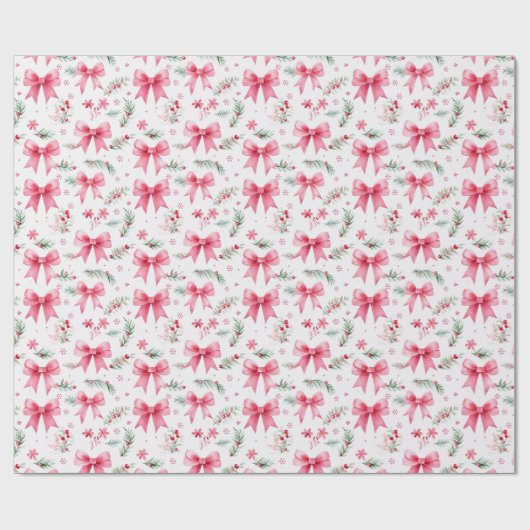 かわいいピンクの弓と冬の緑の水色 ラッピングペーパー (フラット)