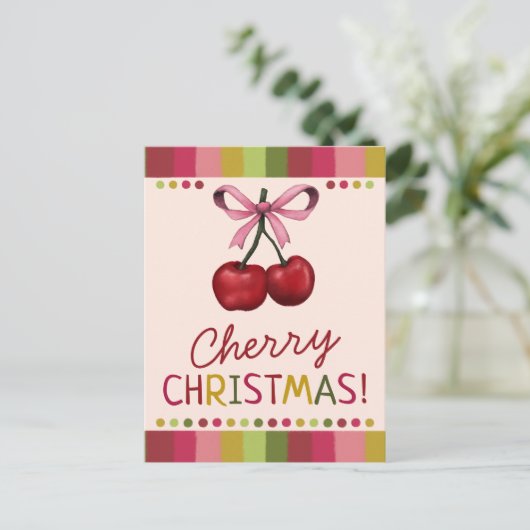 かわいいピンクの弓と赤いさくらんぼクリスマス シーズンポストカード (スタンド正面)