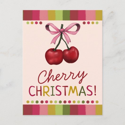 かわいいピンクの弓と赤いさくらんぼクリスマス シーズンポストカード (正面)