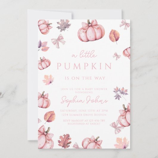 かわいいピンクの弓の水の色ガールカボチャの赤ちゃんシャワー 招待状 (正面)