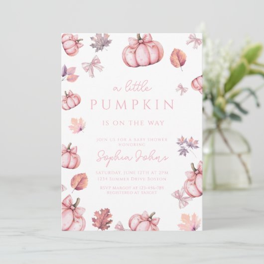 かわいいピンクの弓の水の色ガールカボチャの赤ちゃんシャワー 招待状 (スタンド正面)