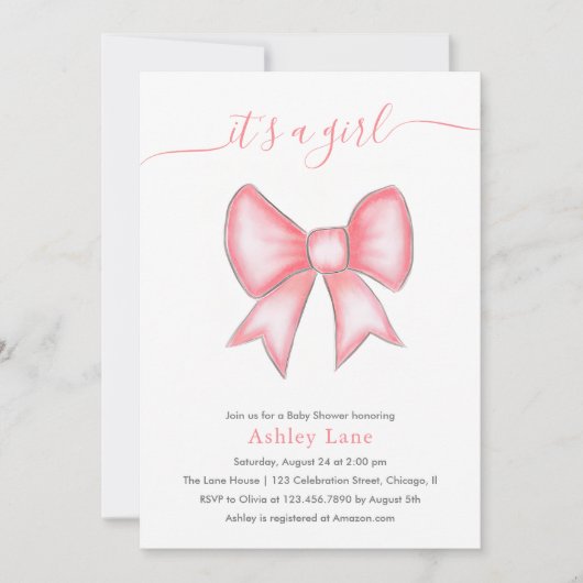 かわいいピンクの弓の赤ちゃんシャワー 招待状 (正面)
