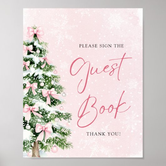 かわいいピンクの弓クリスマスツリーのゲストブックサイン ポスター (正面)