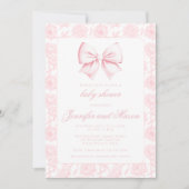 かわいいピンクの弓フローラ女の子シャワー招待 招待状 (正面)