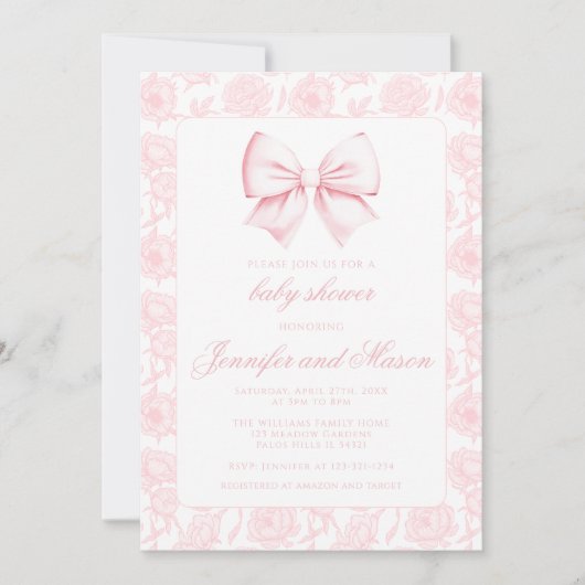 かわいいピンクの弓フローラ女の子シャワー招待 招待状 (正面)