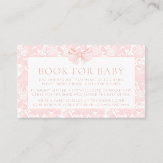 かわいいピンクの弓フローラ本の赤ちゃんガールシャワー エンクロージャーカード (正面)