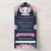 かわいいピンクの弓フローラ象ネイビー赤ちゃんシャワー オールインワン招待状 (内側)