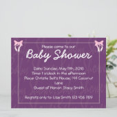 かわいいピンクの弓ベビーガールシャワーパープル招待状 招待状 (スタンド正面)