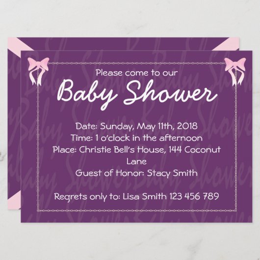 かわいいピンクの弓ベビーガールシャワーパープル招待状 招待状 (正面/裏面)