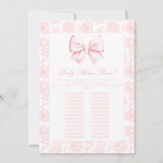 かわいいピンクの弓ベビーガールシャワー名レースゲームカード 招待状 (正面)
