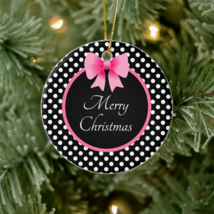 かわいいピンクの弓メリークリスマス セラミックオーナメント