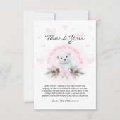 かわいいピンクの弓熊かわいい女の子の冬の赤ちゃんシャワー サンキューカード (正面)