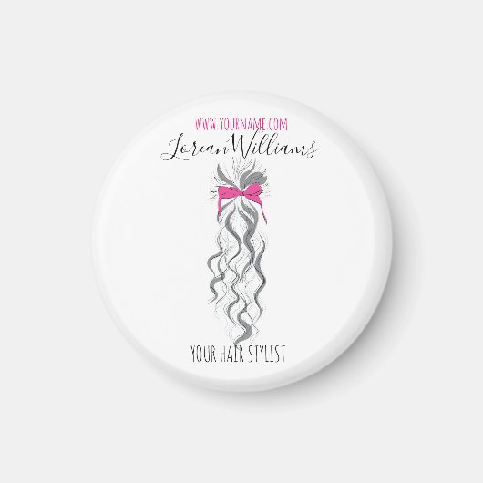 かわいいピンクの弓 グレーと白のブレイダー ヘアスタイリング マグネット (正面)