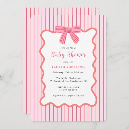かわいいピンクの弓、女の子の赤ちゃんシャワー 招待状 (正面/裏面)