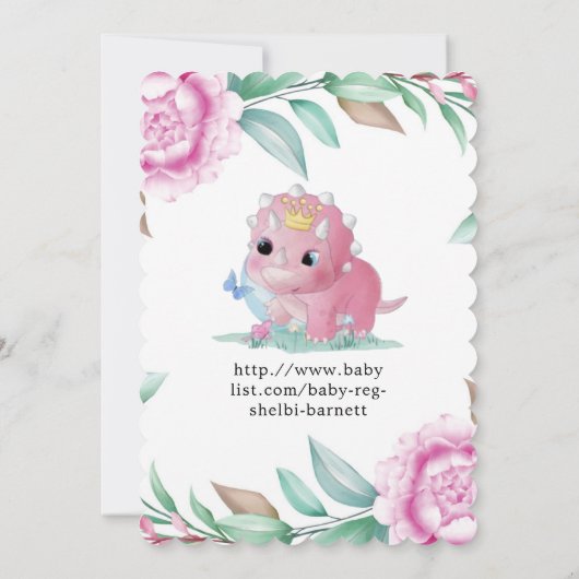 かわいいピンクの恐竜と牡丹の赤ちゃんシャワー招待状 招待状 (裏面)