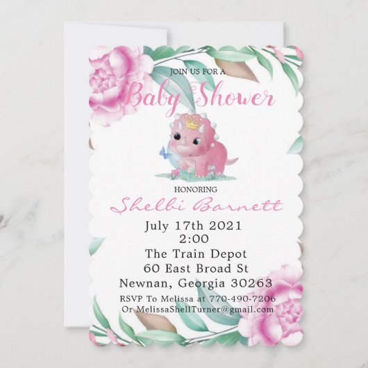 かわいいピンクの恐竜と牡丹の赤ちゃんシャワー招待状 招待状 (正面)