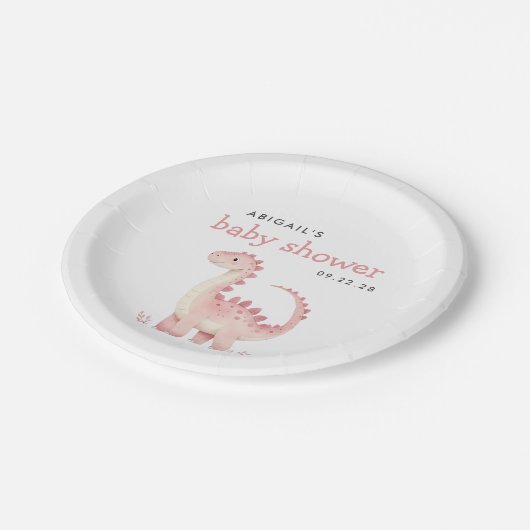 かわいいピンクの恐竜の女の子の赤ちゃんシャワー ペーパープレート (アングル)