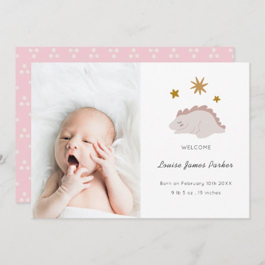 かわいいピンクの恐竜の女の子 赤ちゃんの写真 誕生日お知らせ 案内状 (正面/裏面)