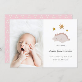 かわいいピンクの恐竜の女の子 赤ちゃんの写真 誕生日お知らせ 案内状