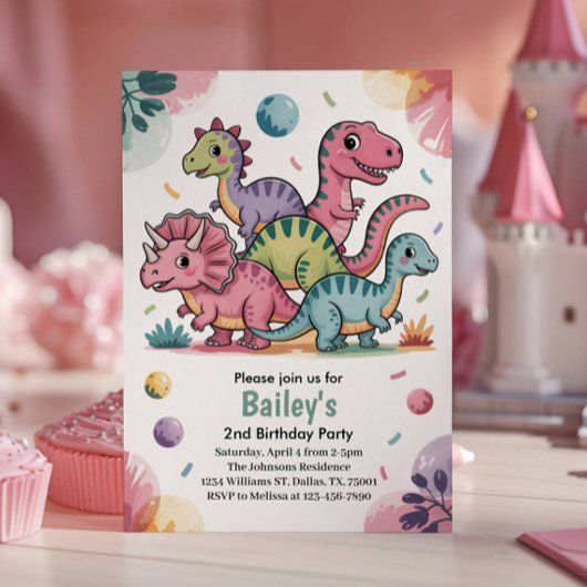 かわいいピンクの恐竜の2歳の誕生日パーティー 招待状