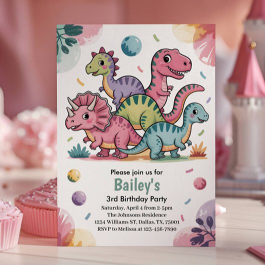 かわいいピンクの恐竜の3歳の誕生日パーティー 招待状