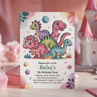 かわいいピンクの恐竜の5歳の誕生日パーティー 招待状
