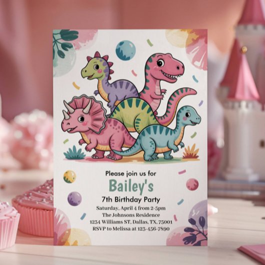 かわいいピンクの恐竜の7歳の誕生日パーティー 招待状