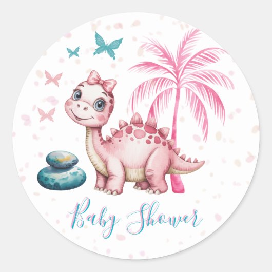 かわいいピンクの恐竜ベビーシャワー ラウンドシール (正面)