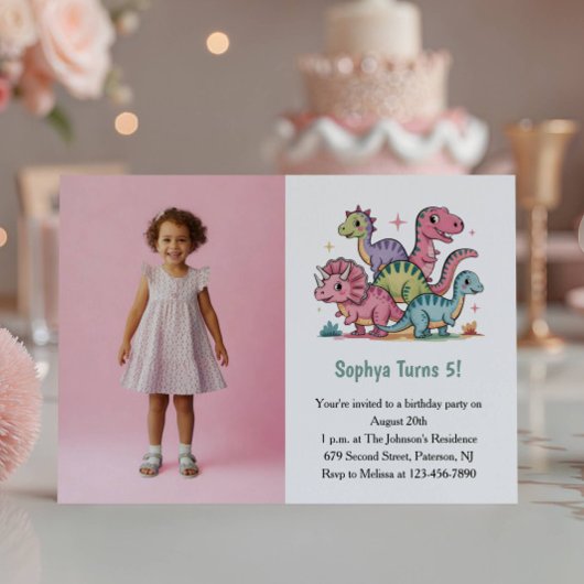 かわいいピンクの恐竜写真  子供の誕生日パーティー 招待状