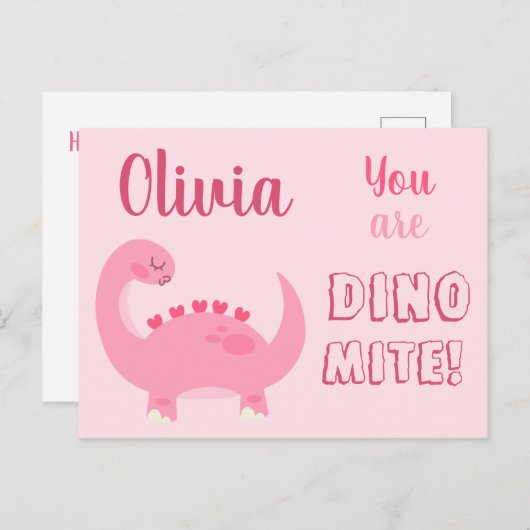 かわいいピンクの恐竜少女、バレンタインデイ・ディノマイト ポストカード (正面/裏面)