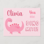 かわいいピンクの恐竜少女、バレンタインデイ・ディノマイト ポストカード (正面)