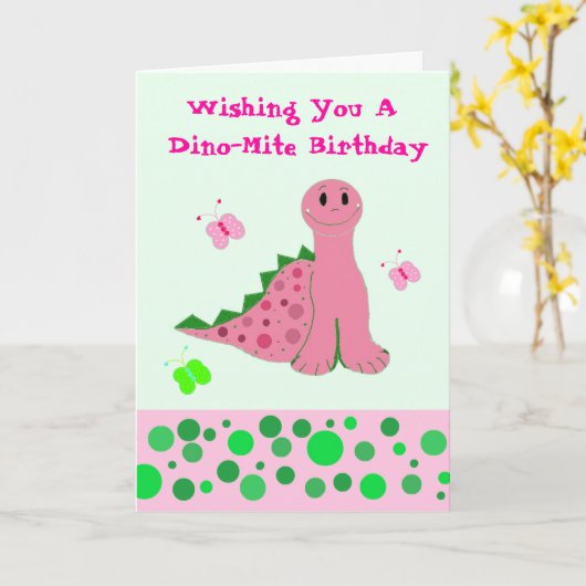 かわいいピンクの恐竜 カード (黄色い花)