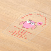 かわいいピンクの愛あなたフクロウのカスタムウェディング アクリル招待状 (レイダウン)