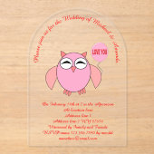 かわいいピンクの愛あなたフクロウのカスタムウェディング アクリル招待状 (正面)