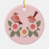 かわいいピンクの愛鳥と花のバラ セラミックオーナメント (裏面)