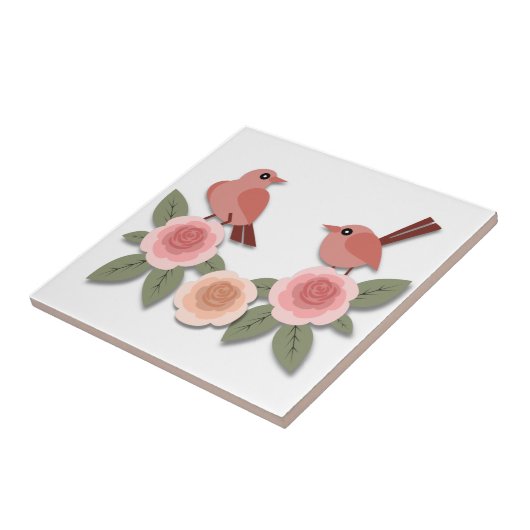 かわいいピンクの愛鳥と花のバラ タイル (側面)