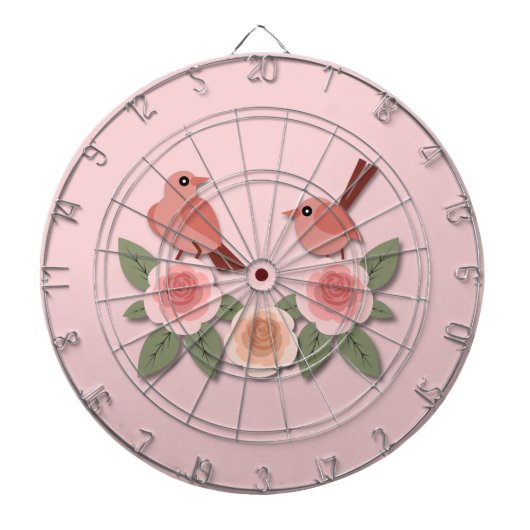 かわいいピンクの愛鳥と花のバラ ダーツボード (正面)