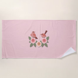 かわいいピンクの愛鳥と花のバラ ビーチタオル