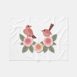 かわいいピンクの愛鳥と花のバラ フリースブランケット