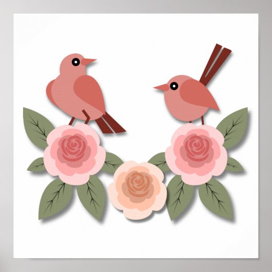 かわいいピンクの愛鳥と花のバラ ポスター (正面)