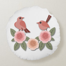 かわいいピンクの愛鳥と花のバラ ラウンドクッション