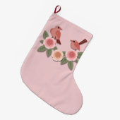 かわいいピンクの愛鳥と花のバラ ラージクリスマスストッキング (正面 (吊り時))