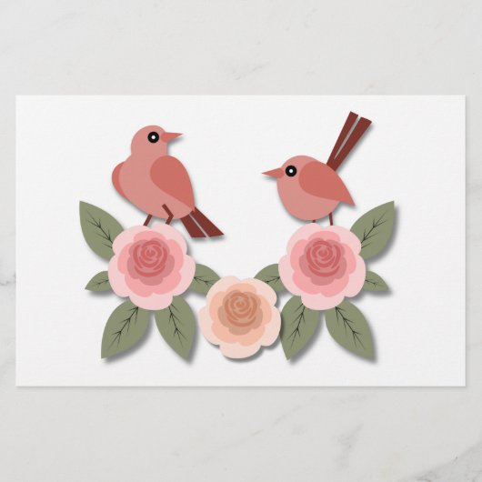 かわいいピンクの愛鳥と花のバラ 便箋 (正面)