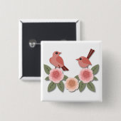 かわいいピンクの愛鳥と花のバラ 缶バッジ (正面&裏面)